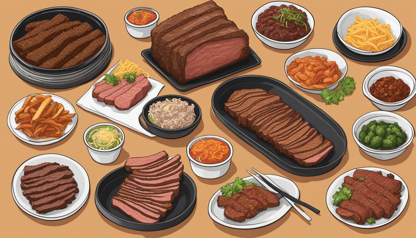 A table set with various beef brisket dishes, including Texas-style BBQ, Korean bulgogi, and Jewish pastrami