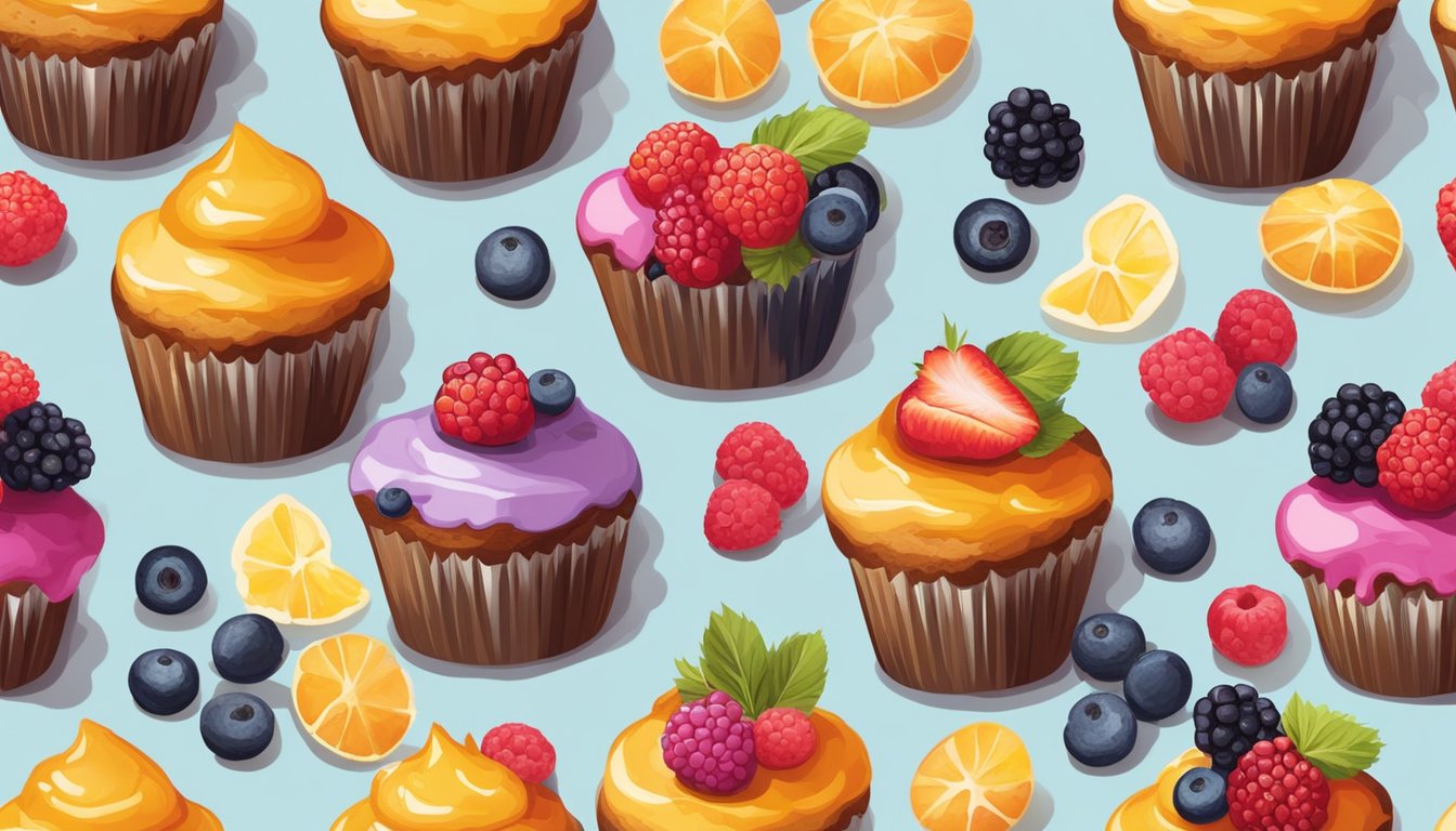 A colorful array of muffins arranged on a rustic wooden table, surrounded by fresh berries and a drizzle of honey