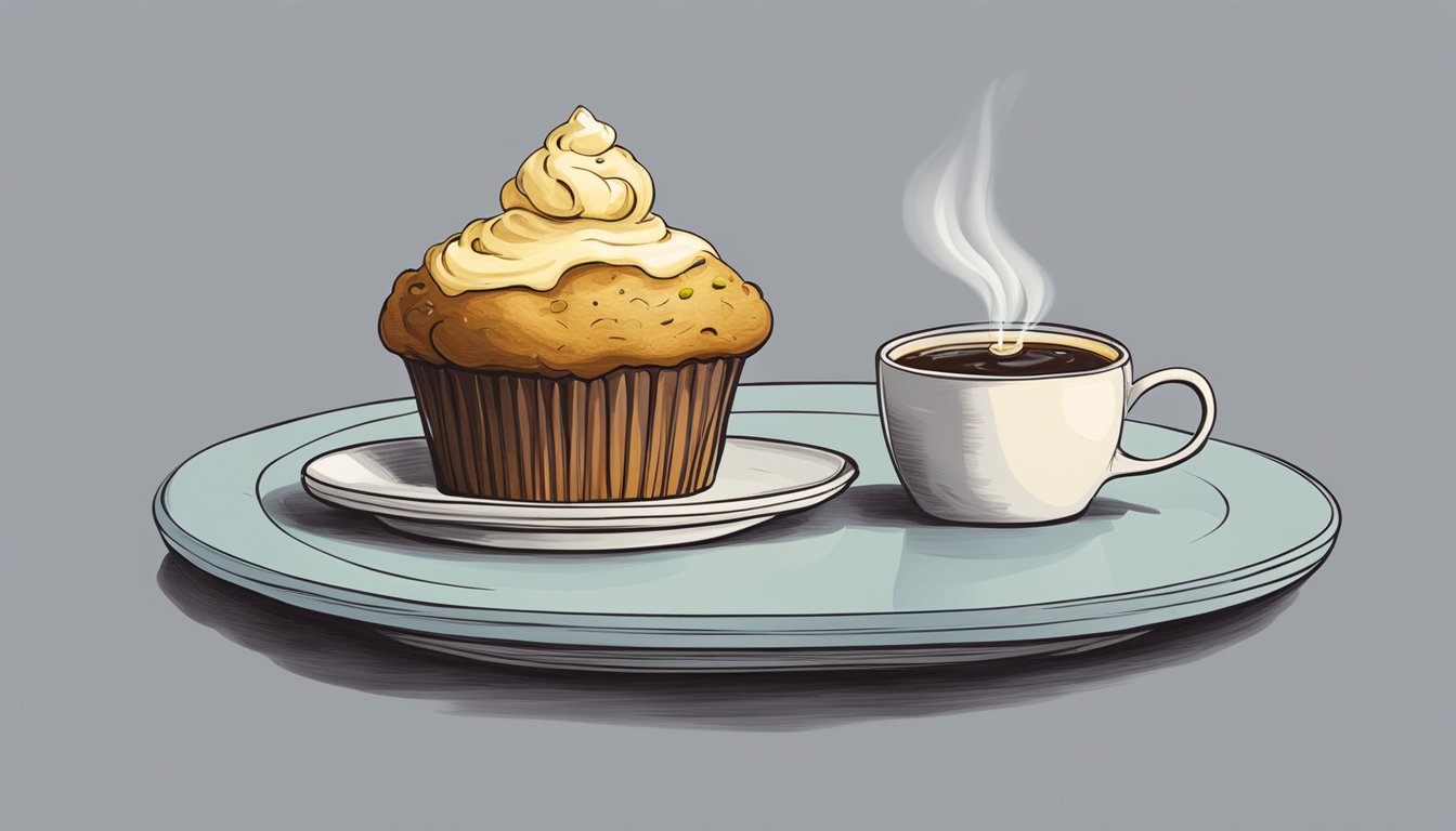 A muffin sits on a plate with a dollop of butter melting on top. A steaming cup of coffee sits beside it