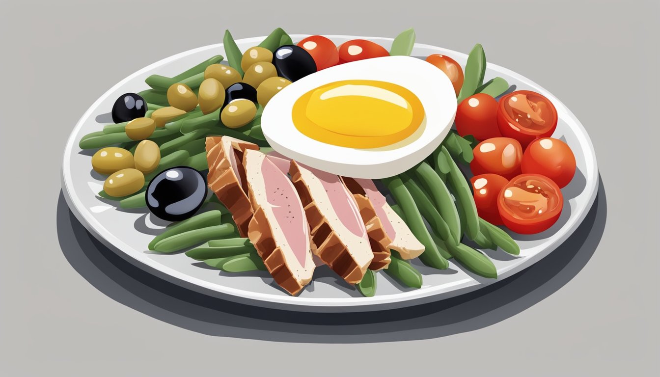 A table set with a colorful nicoise salad, featuring tuna, boiled eggs, green beans, olives, and tomatoes, served with a side of vinaigrette