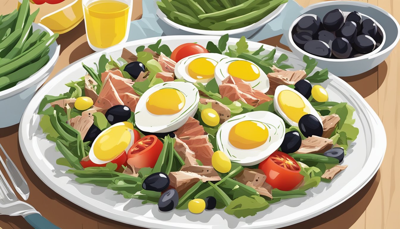 A colorful nicoise salad sits on a white plate, featuring fresh greens, tomatoes, olives, eggs, tuna, and green beans, drizzled with a tangy vinaigrette