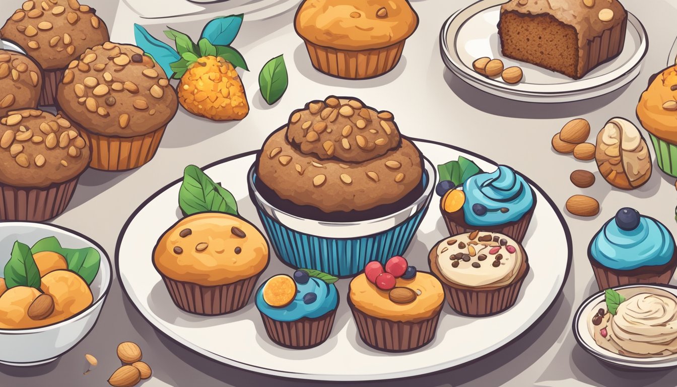 A muffin sits on a plate, surrounded by various dietary preference symbols such as vegan, gluten-free, and nut-free