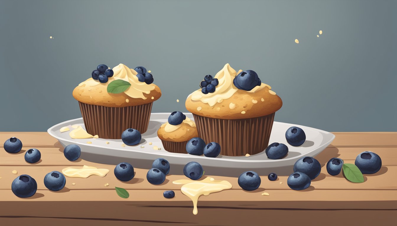 A muffin sitting on a rustic wooden table, surrounded by scattered crumbs and a few scattered blueberries. A dollop of creamy butter is melting on top