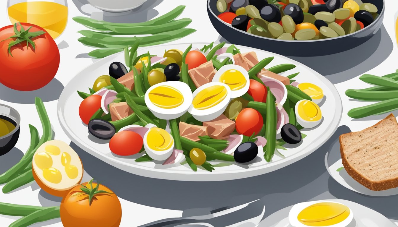 A nicoise salad arranged on a white plate with vibrant colors of tomatoes, green beans, boiled eggs, olives, and tuna, drizzled with vinaigrette