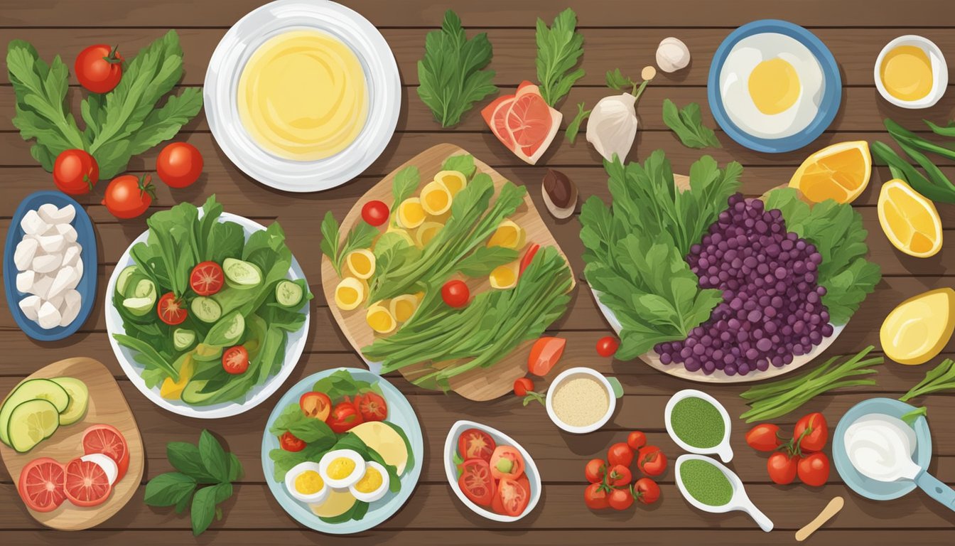 A rustic wooden table with a colorful array of fresh ingredients laid out for assembling a nicoise salad