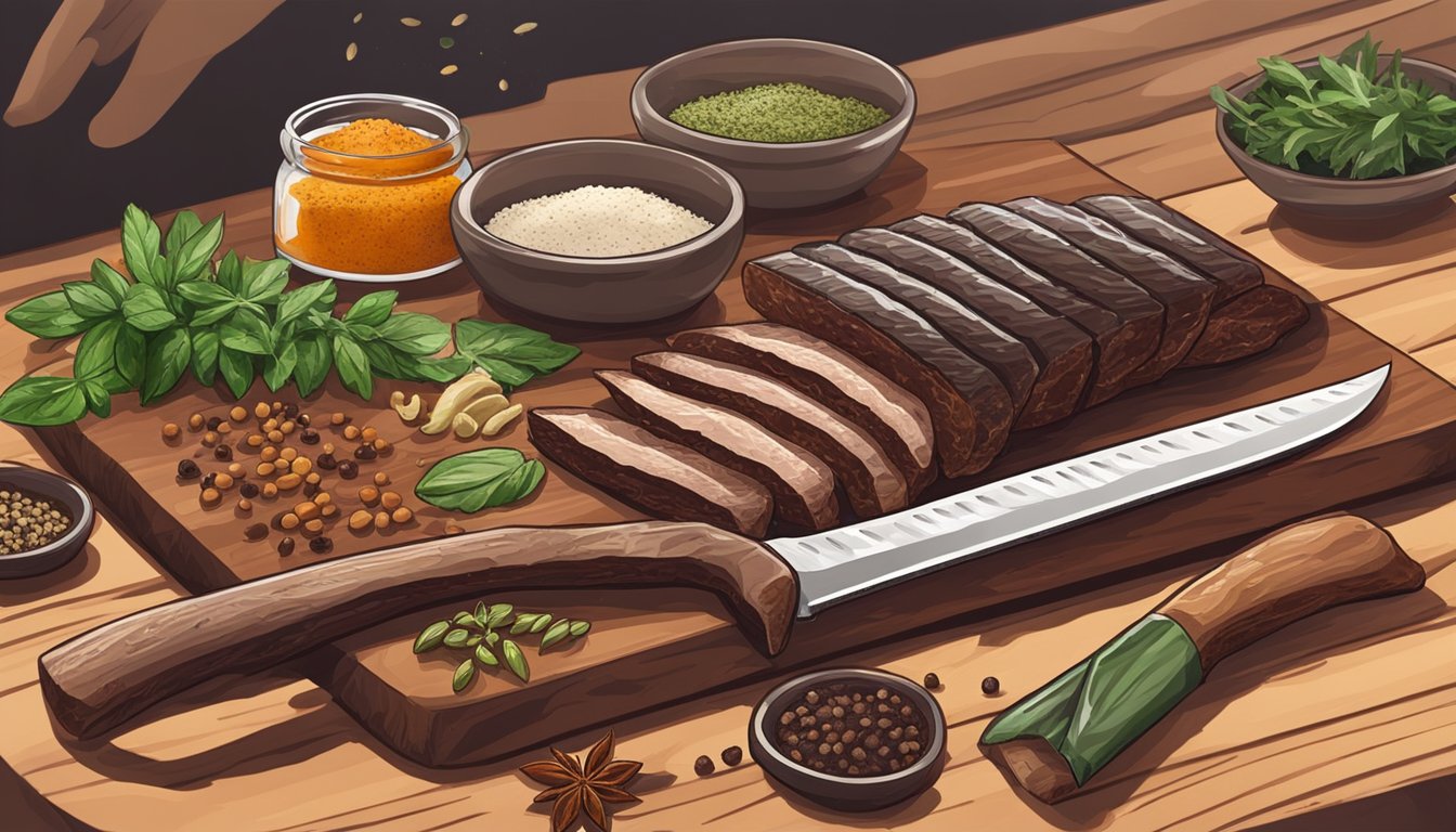 A knife slicing biltong on a wooden cutting board, surrounded by spices and herbs