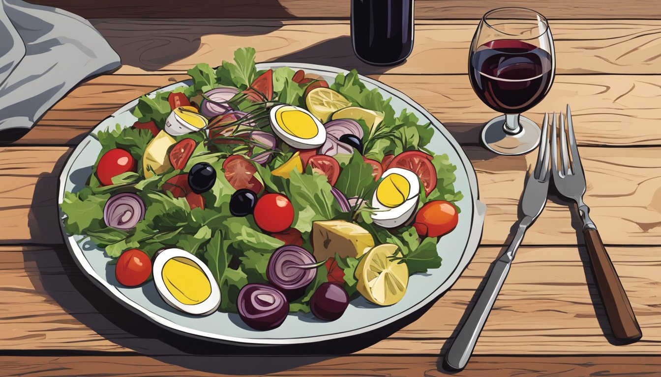 A nicoise salad sits on a rustic wooden table, accompanied by a glass of red wine. A fork is poised to take a bite of the colorful salad