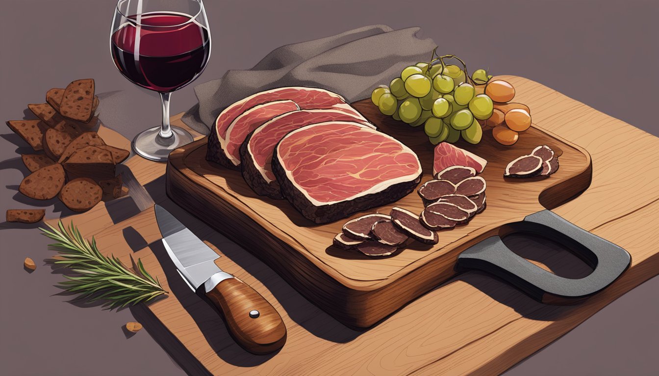 A handcrafted wooden cutting board with a variety of biltong slices, a small knife, and a glass of red wine