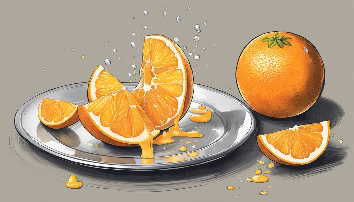 A navel orange is being peeled and sectioned, with juice dripping from the fruit onto a plate