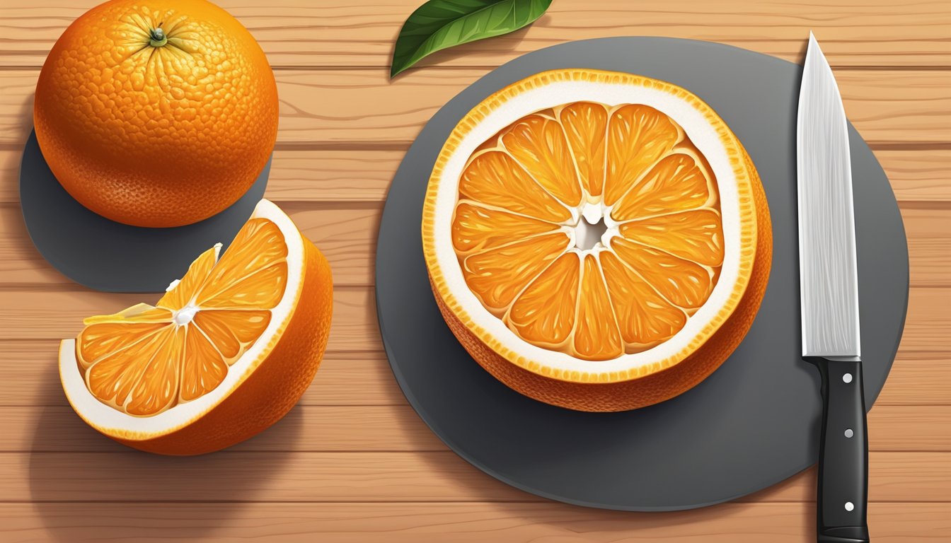 A whole navel orange placed on a cutting board, with a knife slicing through the peel to reveal the juicy segments inside