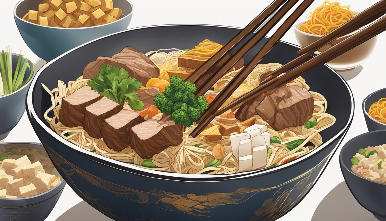 A pair of chopsticks hovering over a bowl filled with assorted proteins, including slices of beef, chicken, and tofu, ready to be added to a bed of noodles and vegetables