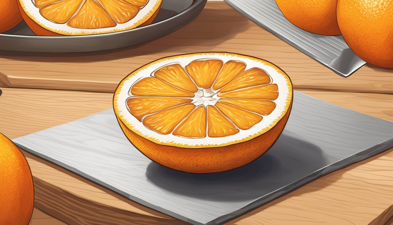 A navel orange rests on a wooden cutting board, its bright peel partially peeled back to reveal the juicy, segmented flesh inside