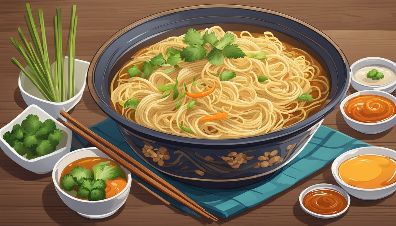 A steaming bowl of noodles sits on a wooden table, surrounded by vibrant ingredients and a pot of simmering sauce