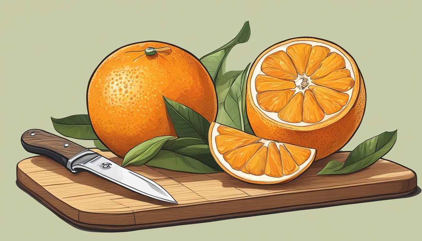 A navel orange sits on a cutting board, surrounded by scattered peel. A knife slices through the fruit, revealing juicy segments inside