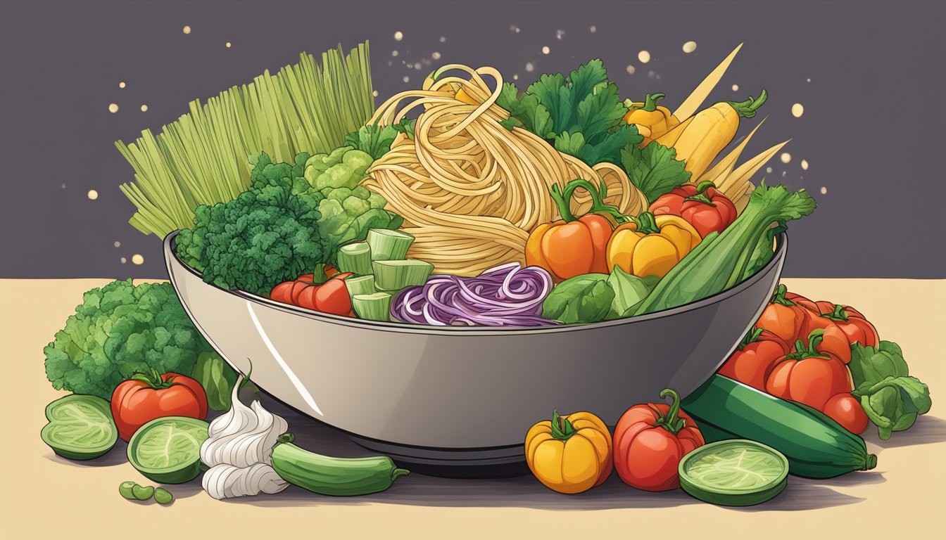 A colorful array of fresh vegetables and toppings arranged around a steaming bowl of noodles, ready to be enjoyed