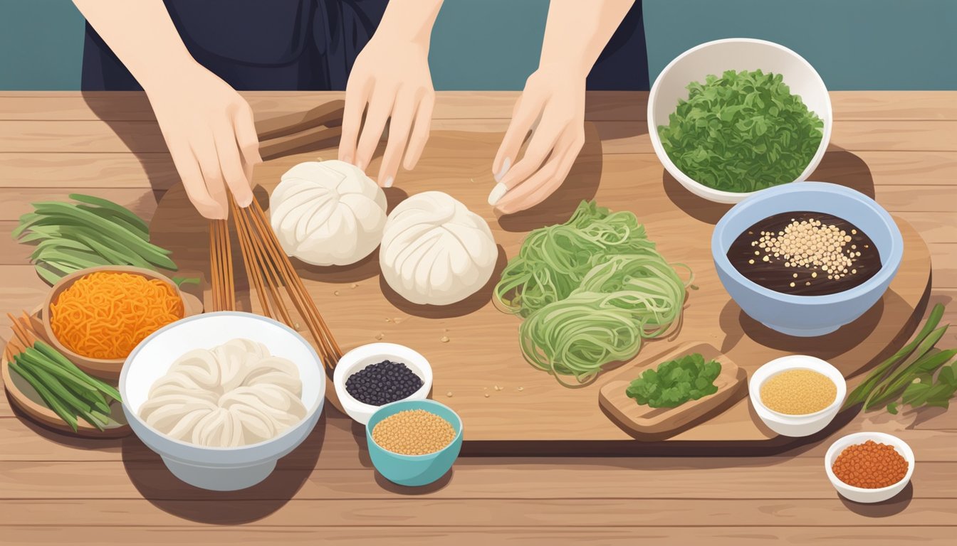 A pair of hands prepare various fillings for bao buns on a wooden cutting board, surrounded by bowls of colorful ingredients