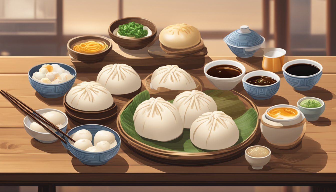 A plate of steamed bao buns surrounded by small dishes of dipping sauce and chopsticks on a wooden table