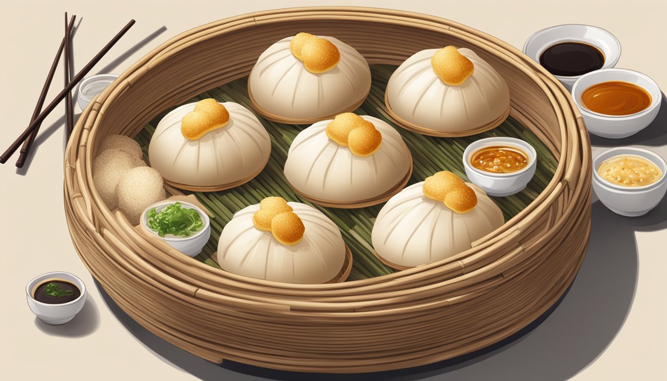 A steaming bamboo basket filled with fluffy, golden bao buns, surrounded by small dishes of dipping sauce and chopsticks