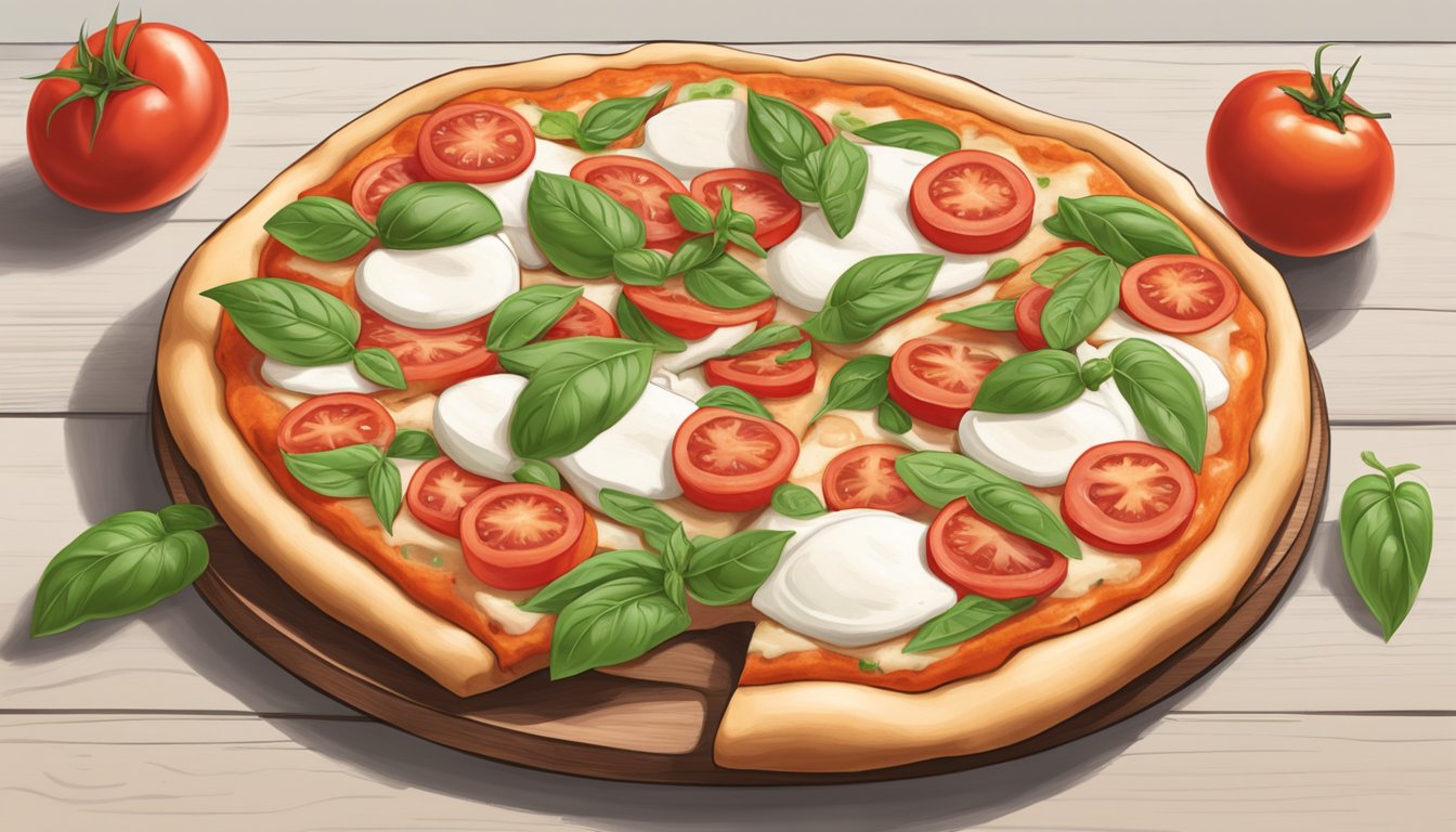 A Neapolitan pizza sits on a wooden pizza peel, topped with fresh mozzarella, San Marzano tomatoes, and basil leaves, ready to be sliced and enjoyed