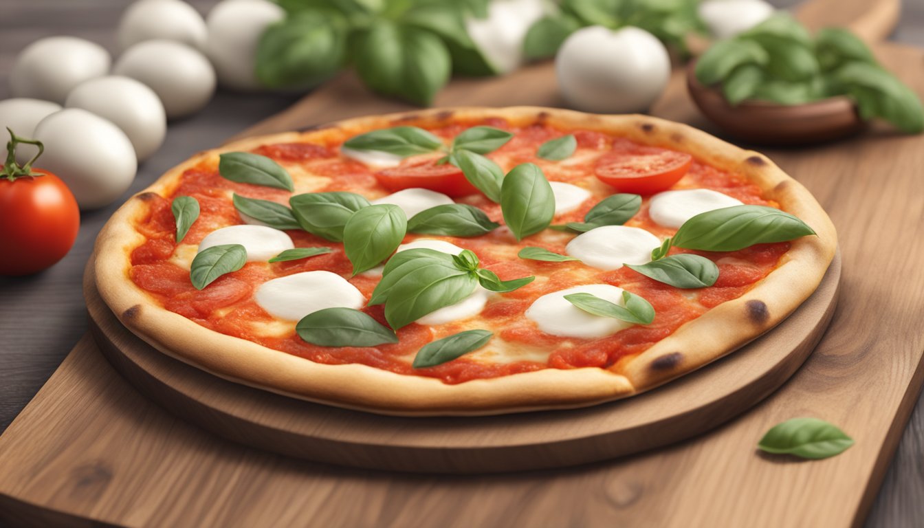 A Neapolitan pizza being served on a wooden board with a thin, crispy crust, topped with fresh tomato sauce, mozzarella cheese, and basil leaves