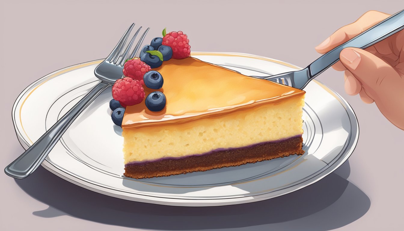 A slice of upside-down cake being lifted from a plate with a fork