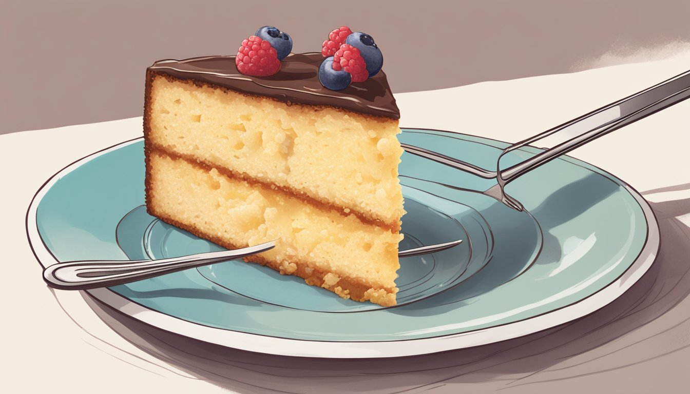 A slice of upside-down cake being lifted from a plate with a fork