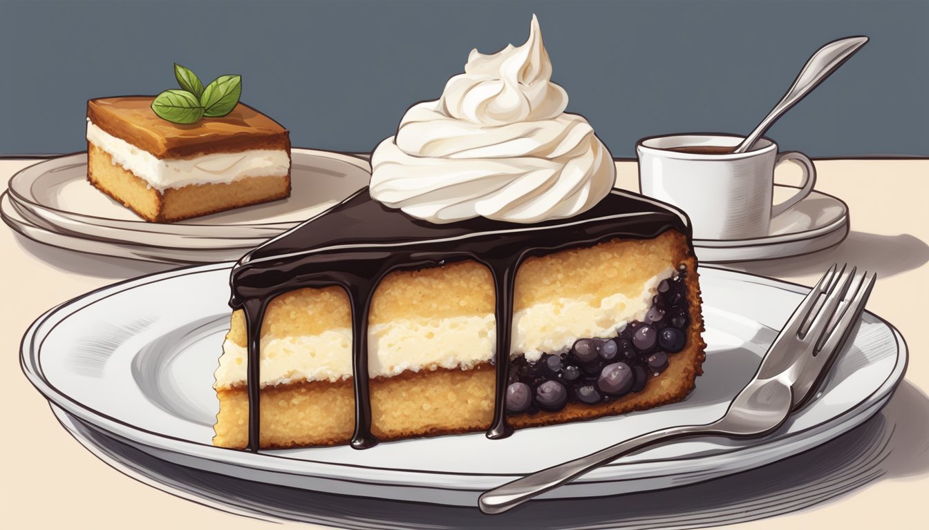 A slice of upside-down cake on a plate with a dollop of whipped cream beside it, a fork resting on the edge