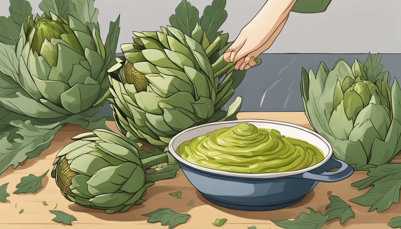 An artichoke is being prepared for consumption, with leaves being pulled off and dipped into a sauce before being eaten. The discarded leaves are piled up next to the artichoke