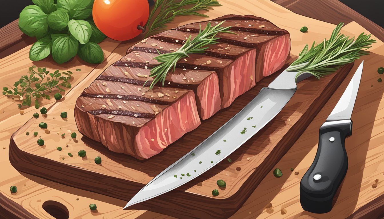 A raw New York strip steak on a clean cutting board, surrounded by seasoning and herbs, with a sharp knife nearby