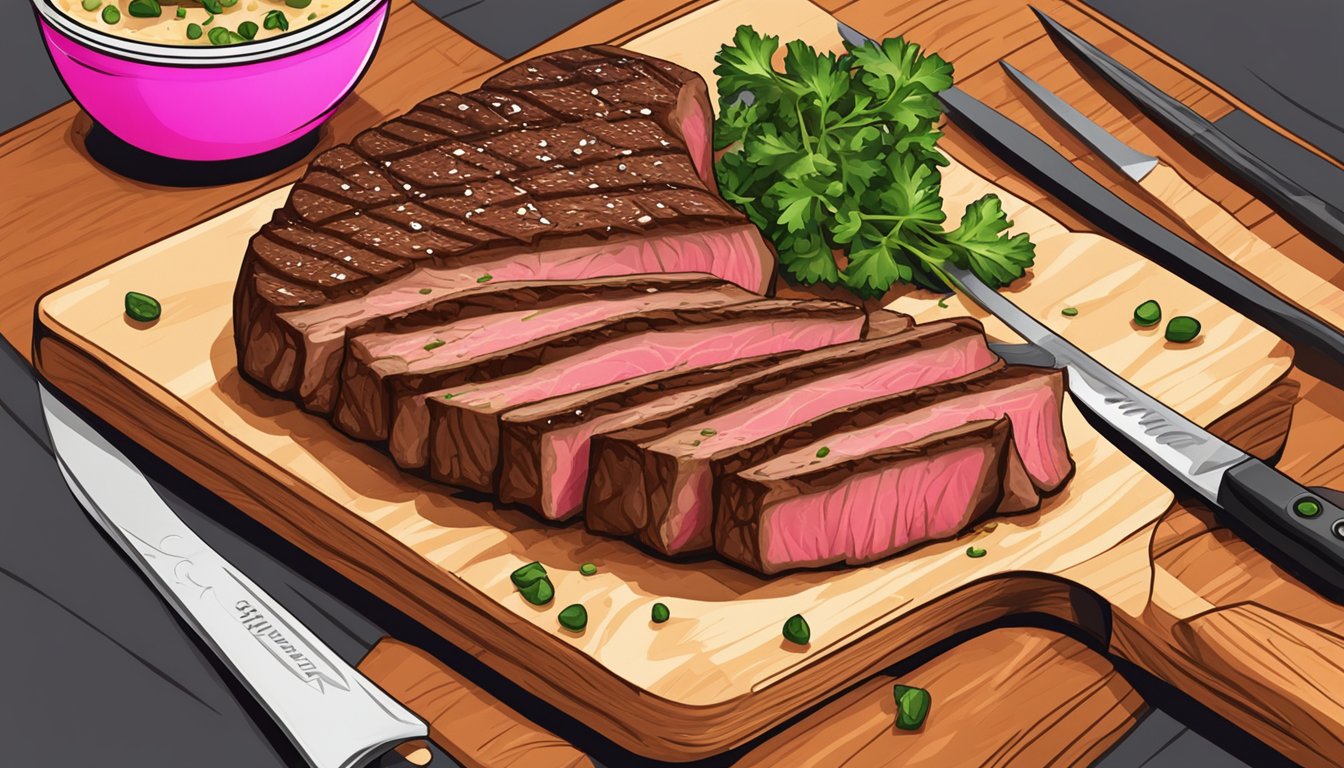 A sizzling New York strip steak, perfectly seared on the outside and juicy pink in the center, resting on a cutting board with a sharp knife beside it