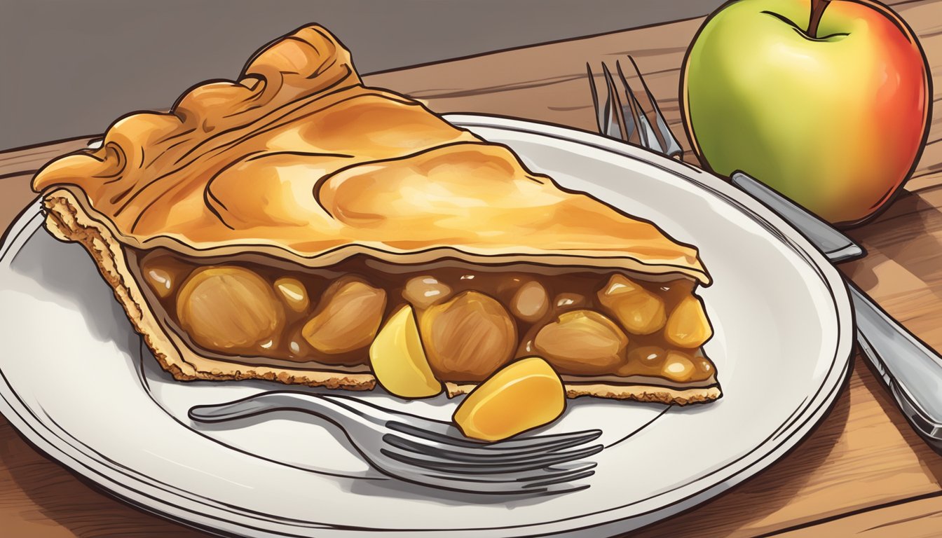 An upside-down apple pie sits on a plate, with golden-brown crust and caramelized apple slices on top. A fork hovers next to it, ready to dig in