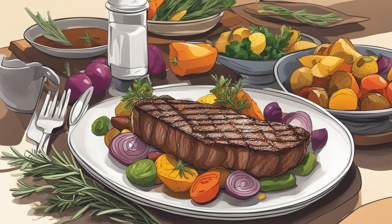 A sizzling New York strip steak, adorned with a sprig of rosemary, rests on a white plate next to a colorful medley of roasted vegetables