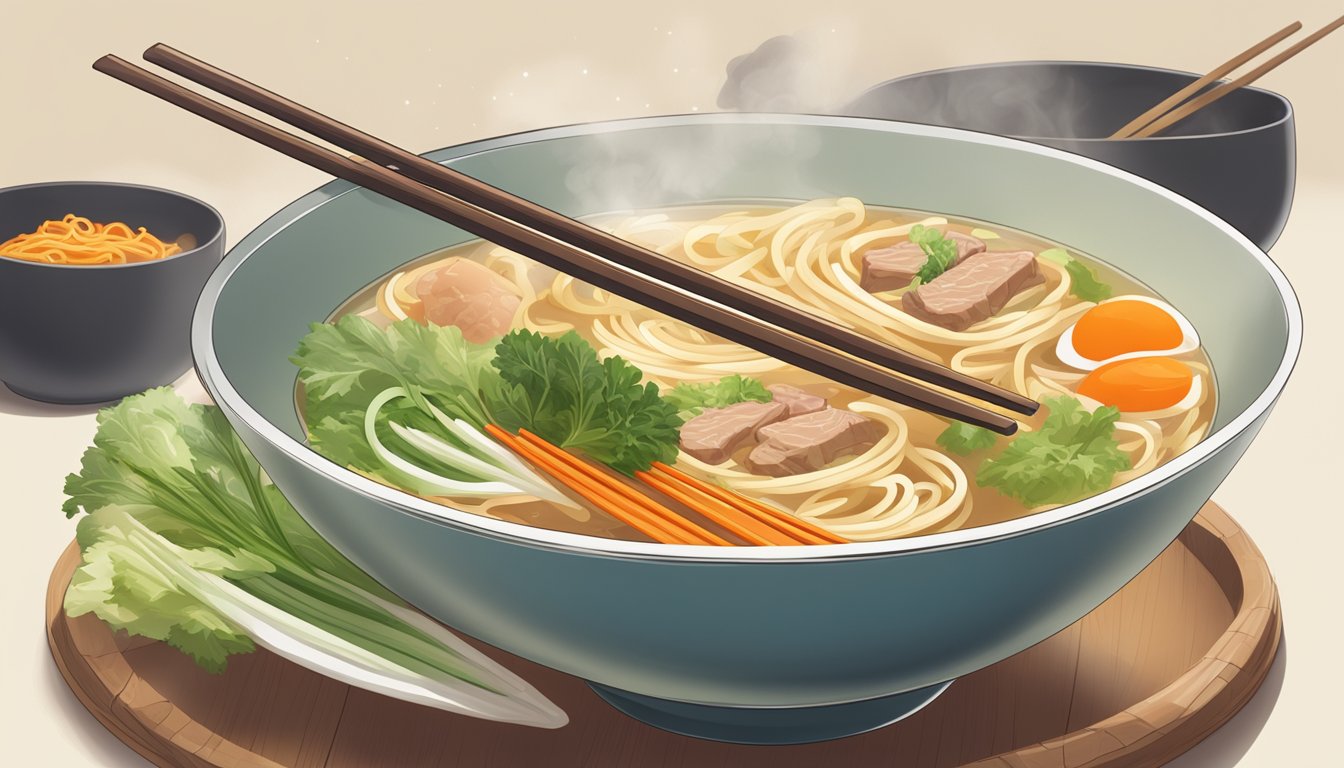 A pair of chopsticks hovers over a steaming bowl of noodle soup, with slices of vegetables and meat floating in the broth