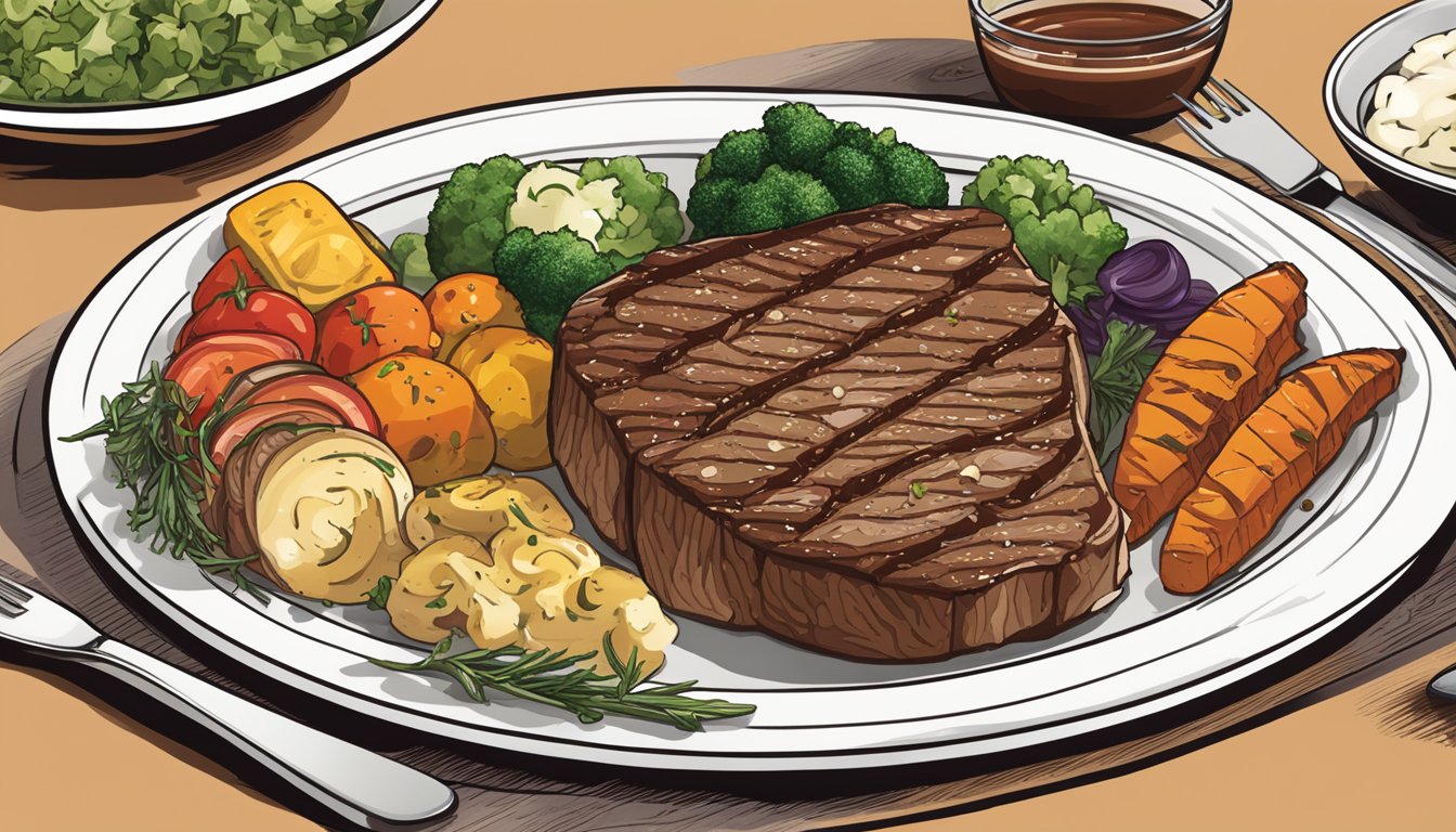 A New York strip steak sits on a plate surrounded by a colorful array of side dishes and accompaniments, such as roasted vegetables, mashed potatoes, and a small dish of steak sauce