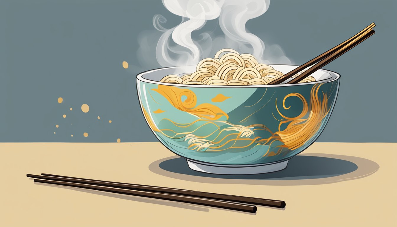 A pair of chopsticks dipping into a steaming bowl of noodle soup, with steam rising and the aroma wafting through the air