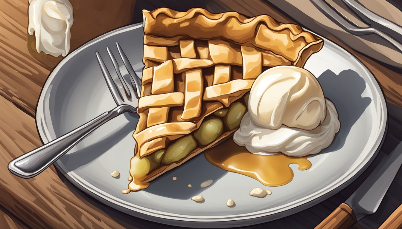 An upside down apple pie sits on a rustic wooden table, with a dollop of vanilla ice cream melting on top. A fork is poised to take a bite