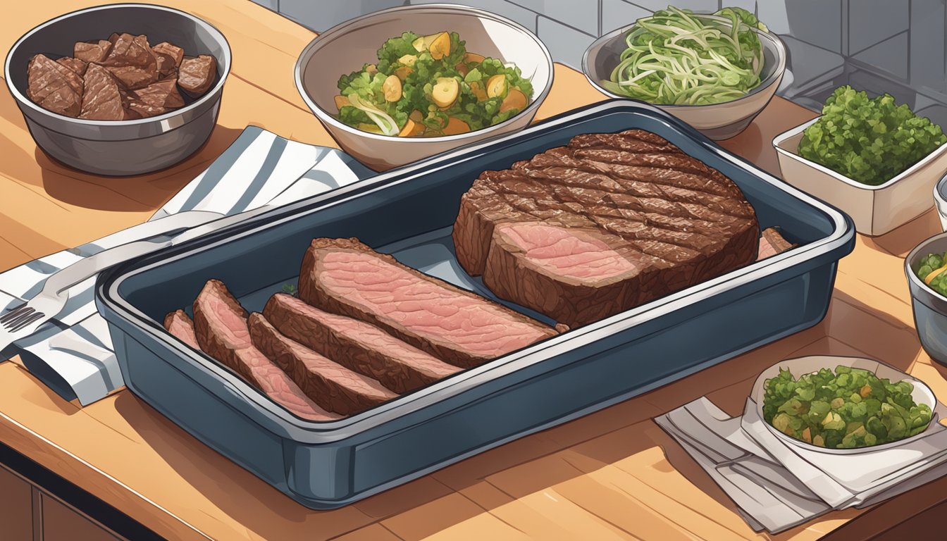 A juicy New York strip steak being sliced and stored in airtight containers with various leftover sides on a kitchen counter