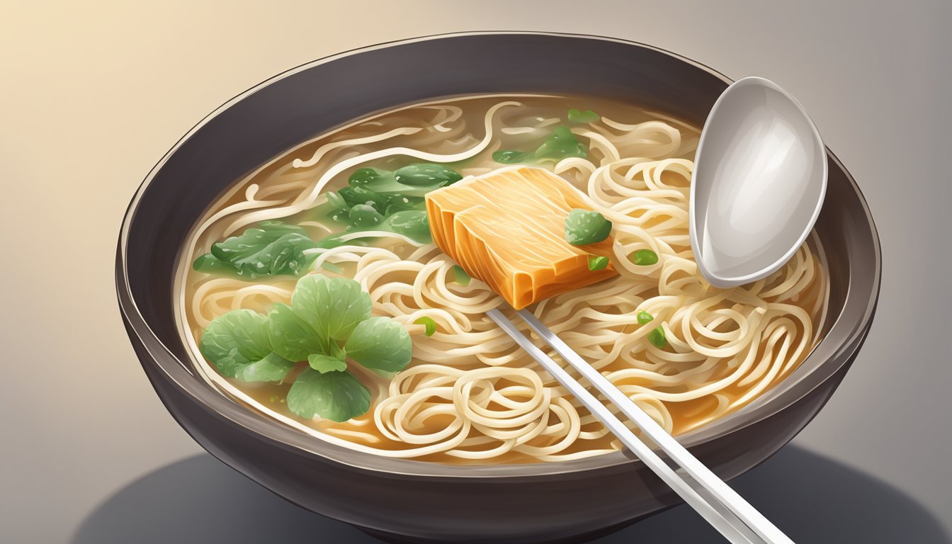 A pair of chopsticks hovering over a steaming bowl of noodle soup, with a spoon resting on the side