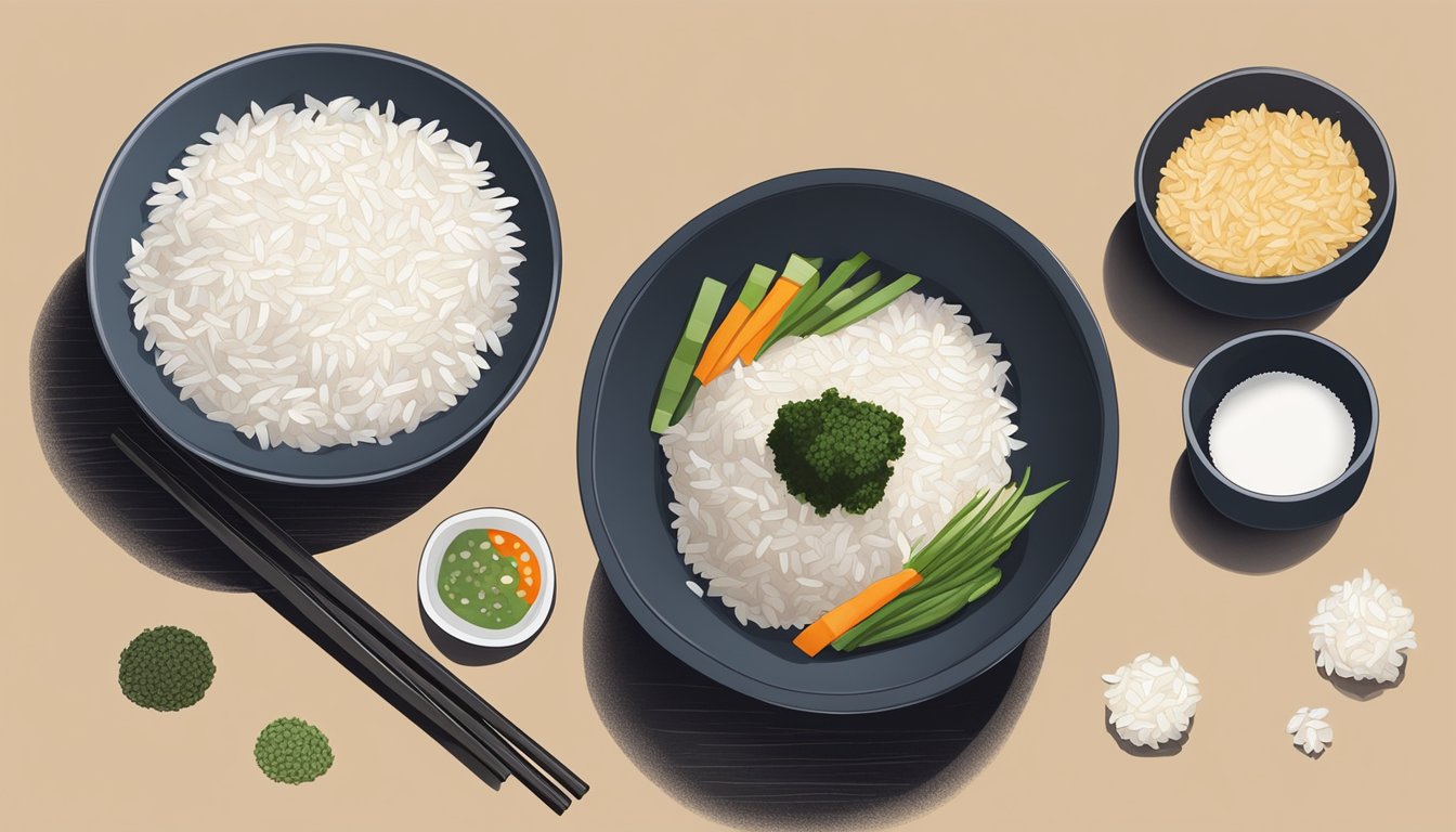 A bowl of rice, sliced vegetables, and nori sheets laid out on a clean surface