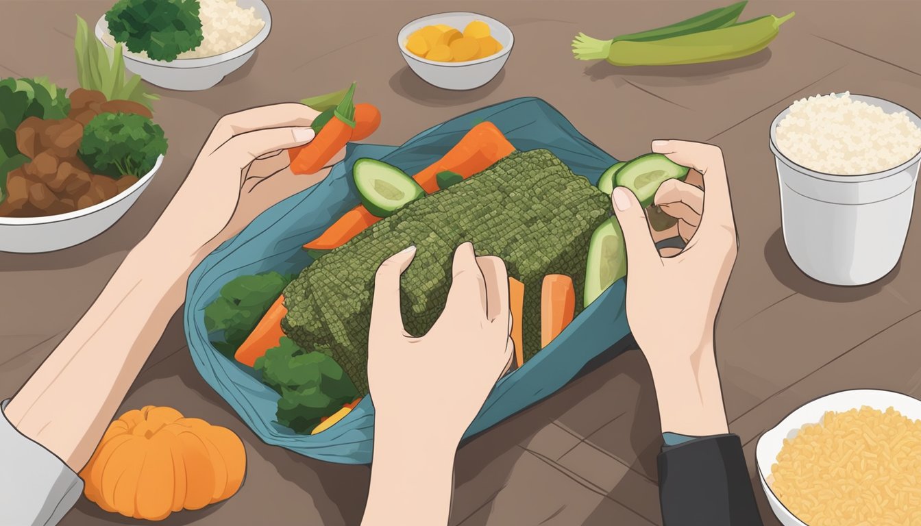 A pair of hands unwrapping a nori wrap, revealing colorful layers of vegetables, rice, and protein, ready to be enjoyed