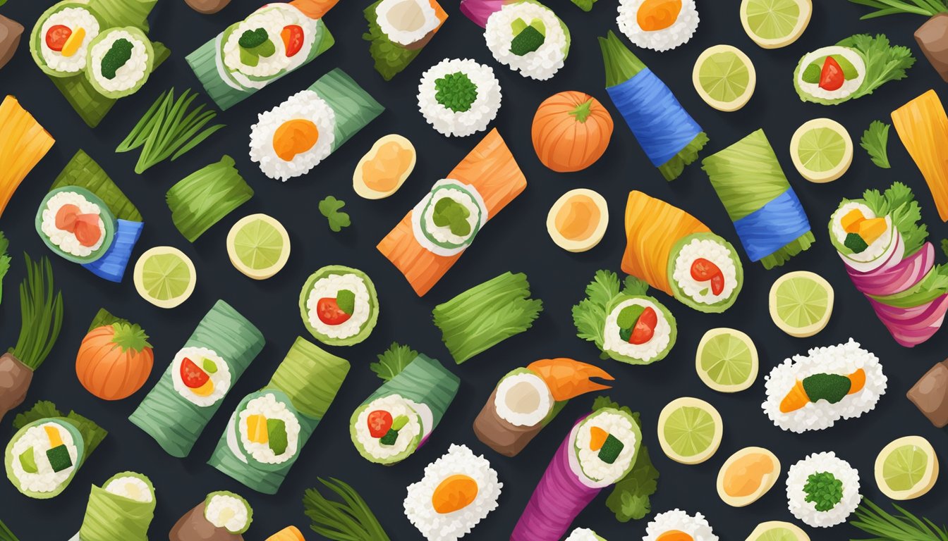 A colorful array of nori wraps filled with assorted vegetables, rice, and protein, arranged on a wooden serving platter