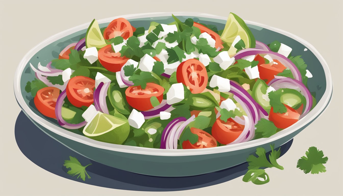 A bowl of nopales salad with diced tomatoes, onions, and cilantro, drizzled with lime juice and sprinkled with queso fresco