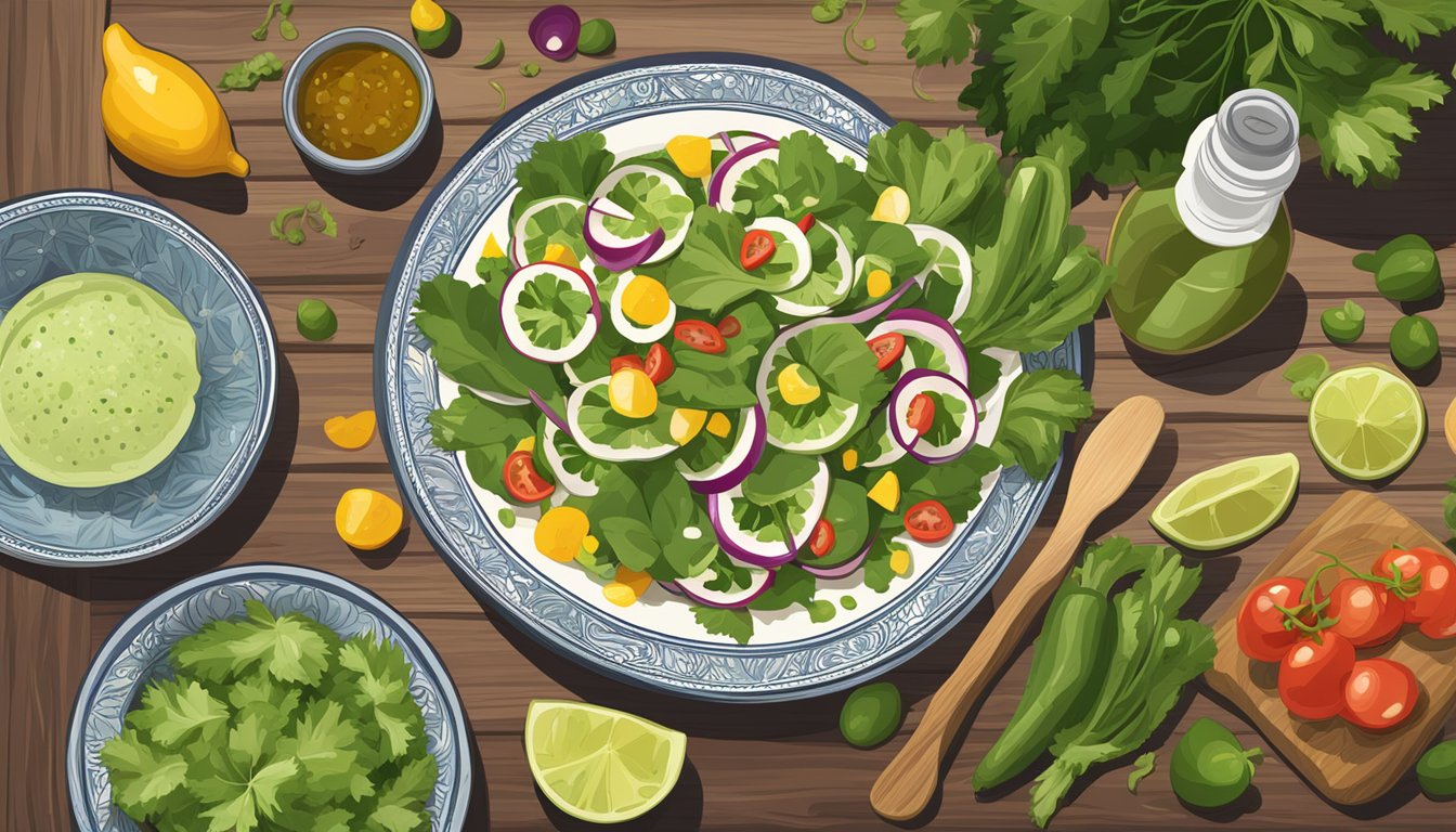 A nopales salad displayed on a wooden table with a variety of fresh ingredients and a bottle of dressing nearby