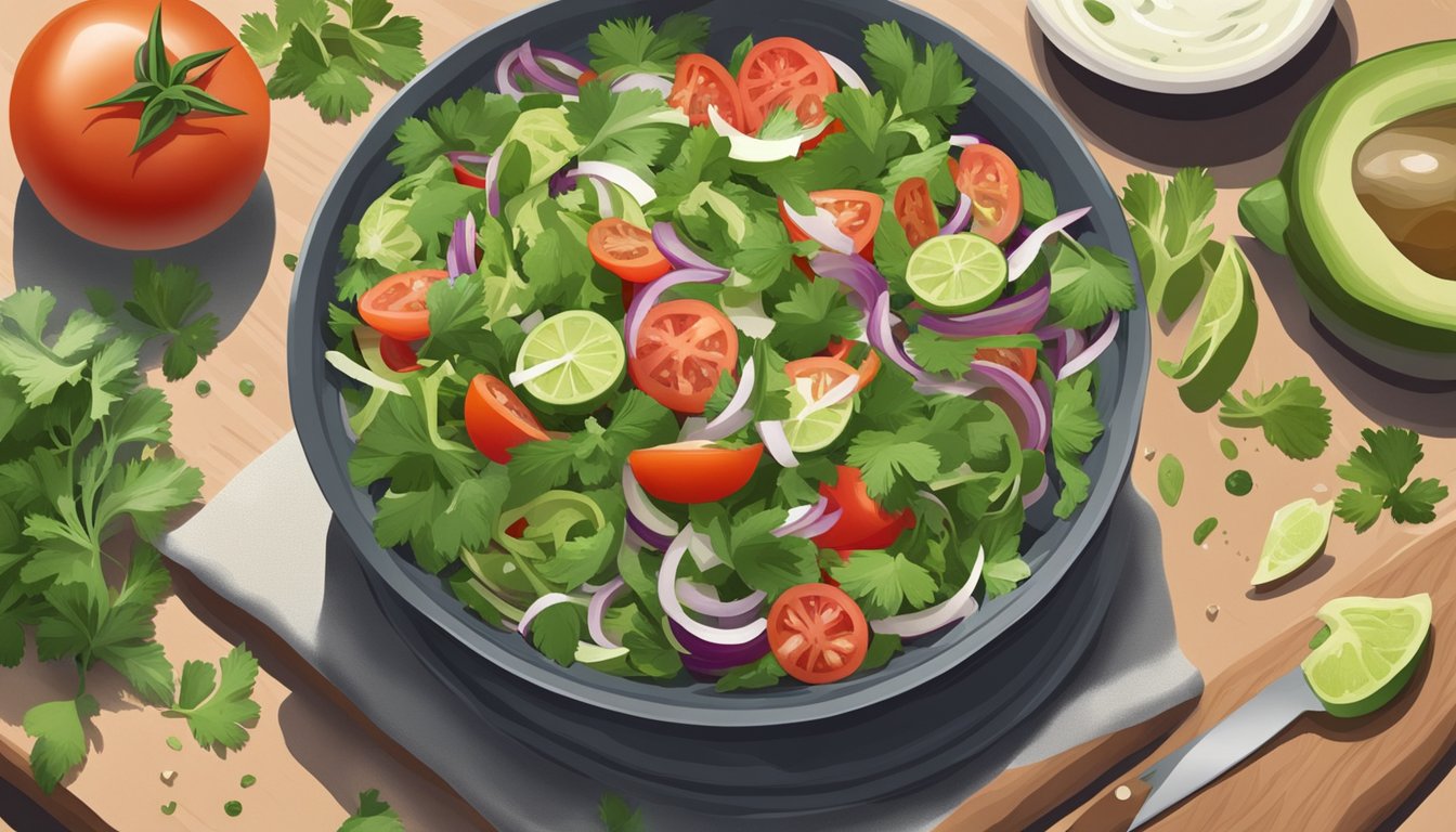 A person preparing a nopales salad with fresh nopales, tomatoes, onions, and cilantro on a cutting board, with a bowl of dressing nearby