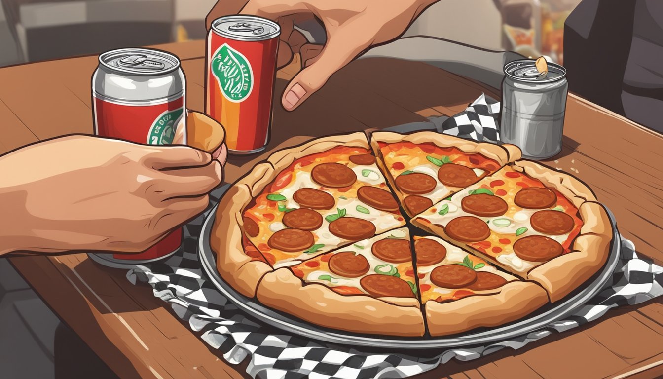 A slice of New York style pizza being lifted from a checkered paper plate, with a side of garlic knots and a cold can of soda on a table