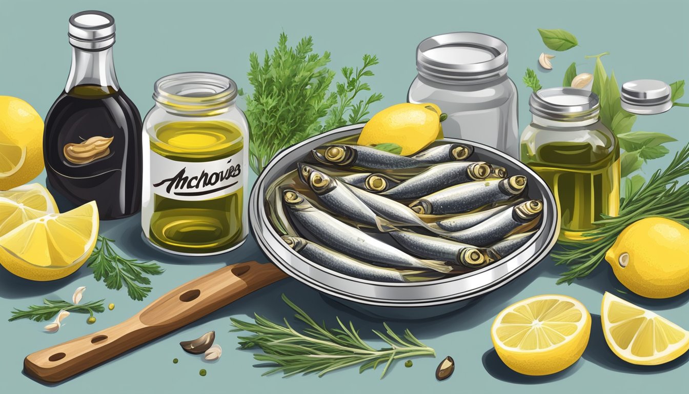 An open can of anchovies surrounded by various ingredients like garlic, olive oil, and lemon, with a small bowl of mixed herbs on the side