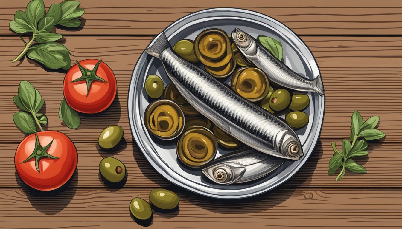 An open can of anchovies sits next to a bowl of olives and a plate of sliced tomatoes on a wooden table