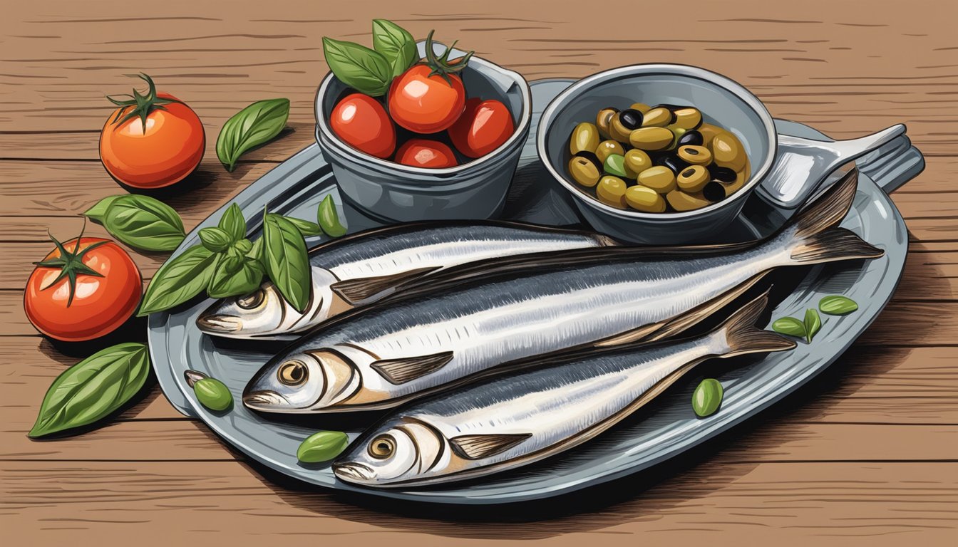 An open can of anchovies surrounded by sliced tomatoes, olives, and fresh basil on a wooden cutting board. A small dish of olive oil and a fork are nearby