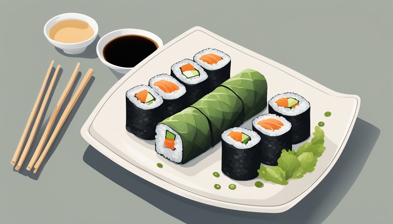 A nori roll sits on a clean plate, surrounded by small dishes of soy sauce, pickled ginger, and wasabi