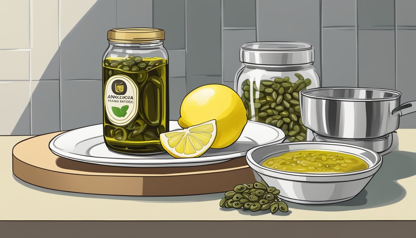 An open can of anchovies next to a jar of olive oil, a lemon, and a small dish of capers on a kitchen counter